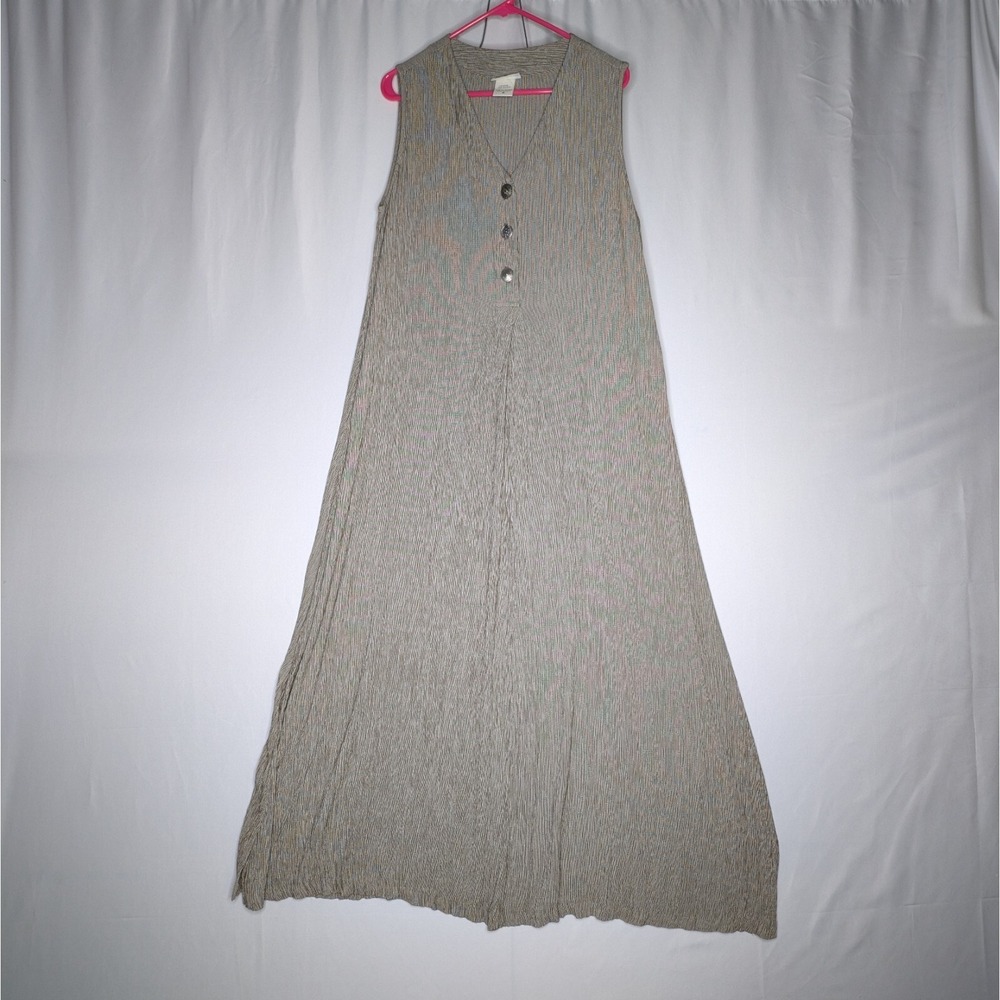 Barbara Lesser Vtg 90s Maxi Dress Medium Olive Pinstripe Button